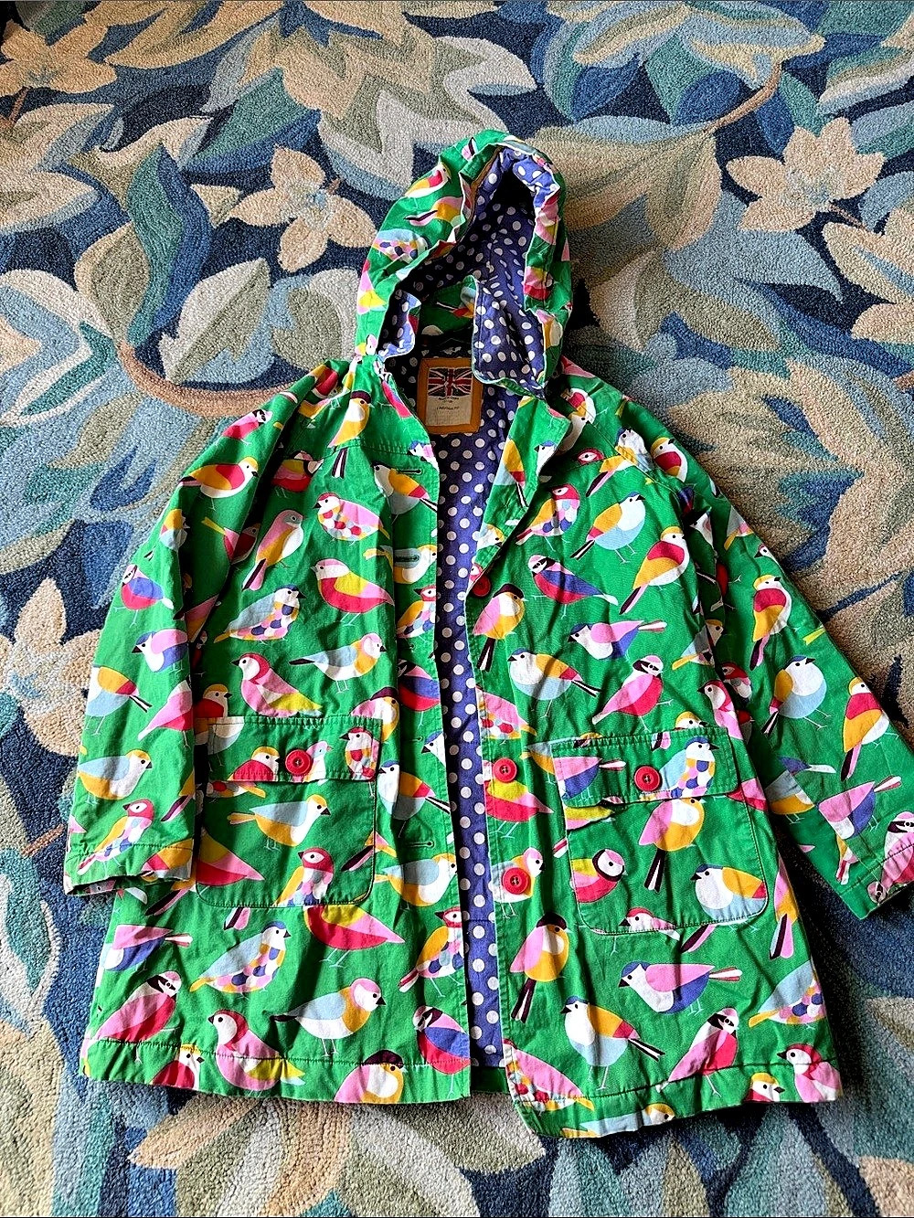 Mini Boden Bird Print Hooded Jacket in Green & Blue size 11-12y